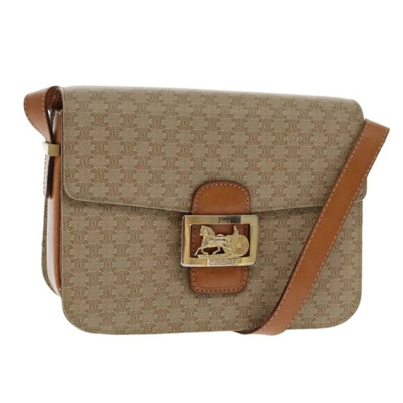 CELINE Macadam Canvas Horse Carriage Shoulder Bag Beige Gold - Picture 1 of 15